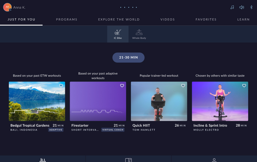 JRNY screen showing tailored workout recommendations